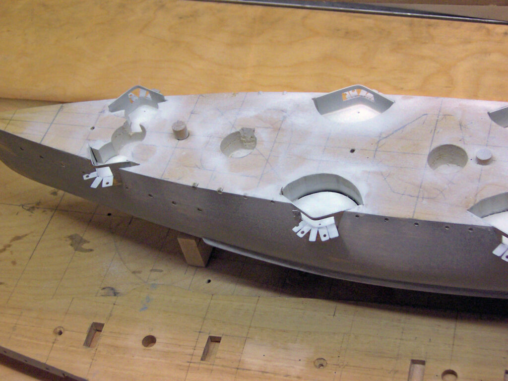 Model of gunboat USS Nashville PG-7 - under constructions showing pockets for broadside guns