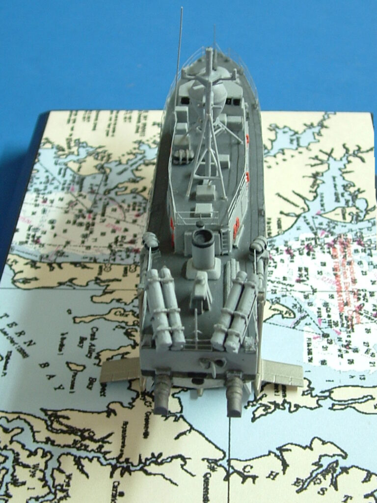 Model of USS Aries, PHM-5, View from aft, closeup