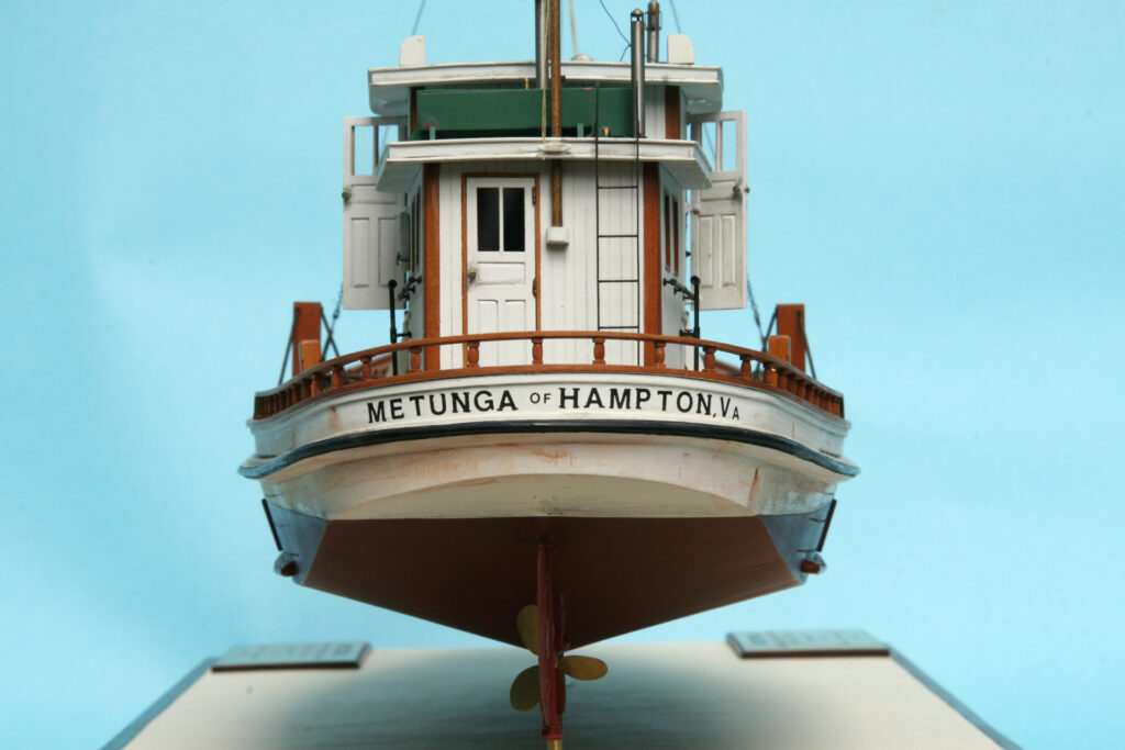 Model of oyster dredge 'Metunga' - stern, low-angle view