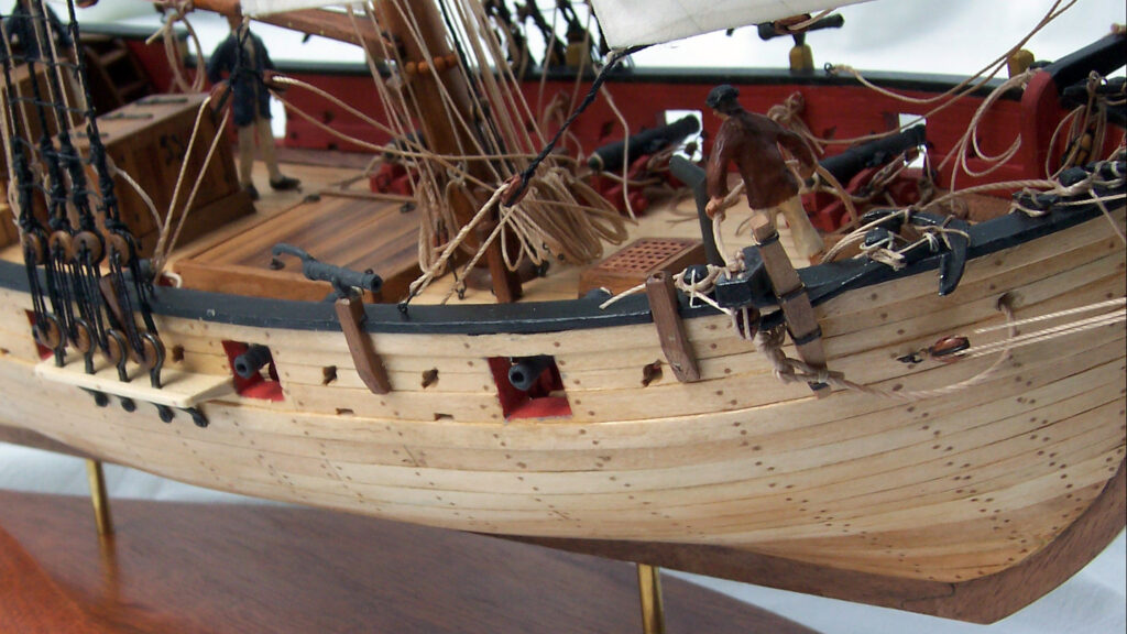 Model of an unnamed, armed Virginia sloop - view midship and forward from starboard bow