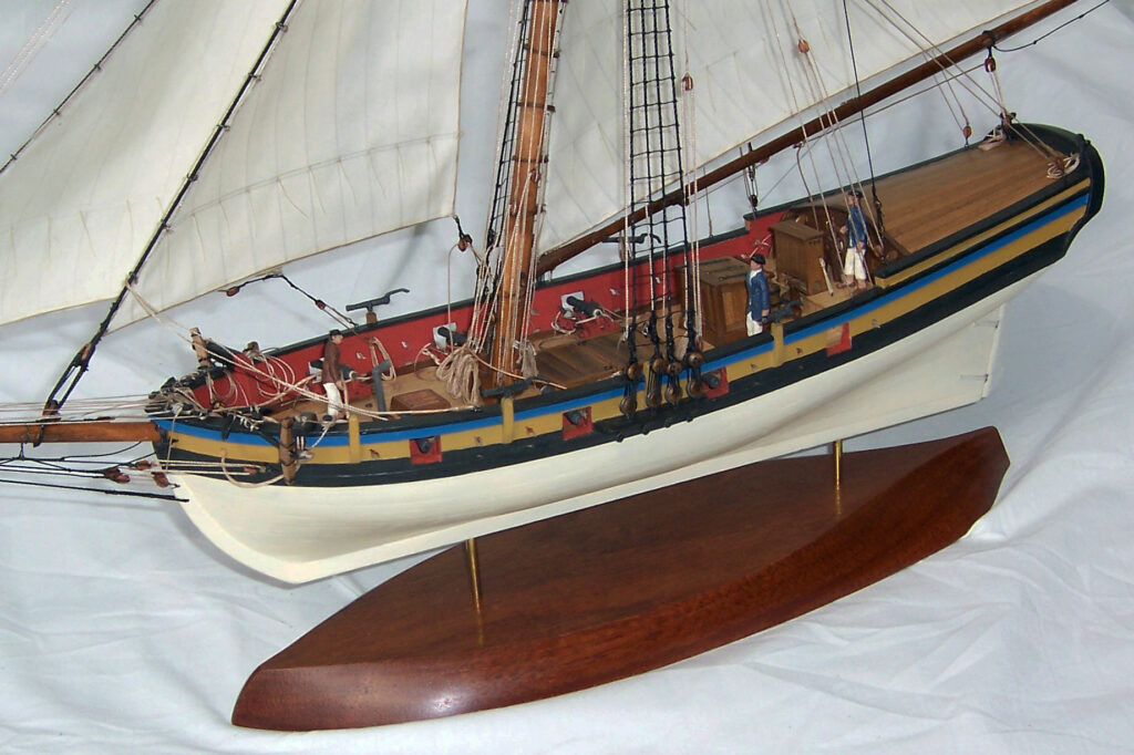 Model of an unnamed, armed Virginia sloop - view of hull from port bow