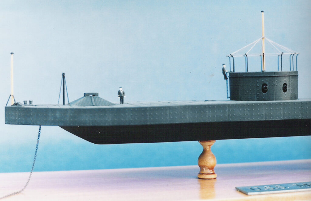 Model of USS Monitor - Turret and foredeck, water-level view, port side