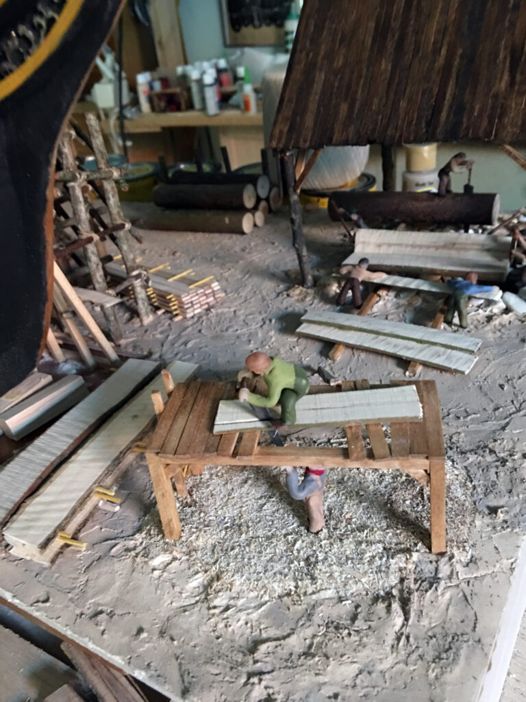 Diorama model of USS Constitution under construction - 2-man rip saw