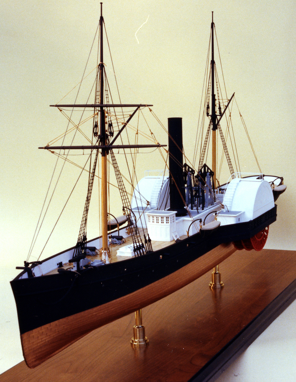 Model of the confederate side-wheel gunboat Patrick Henry - view from port bow