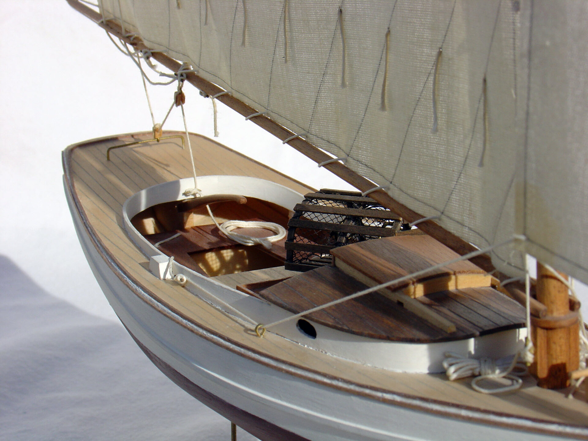 Model of a Muscongus Bay lobster smack - View of deck, aft of the mast, from starboard bow