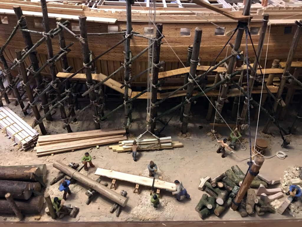 Diorama model of USS Constitution under construction - derrick