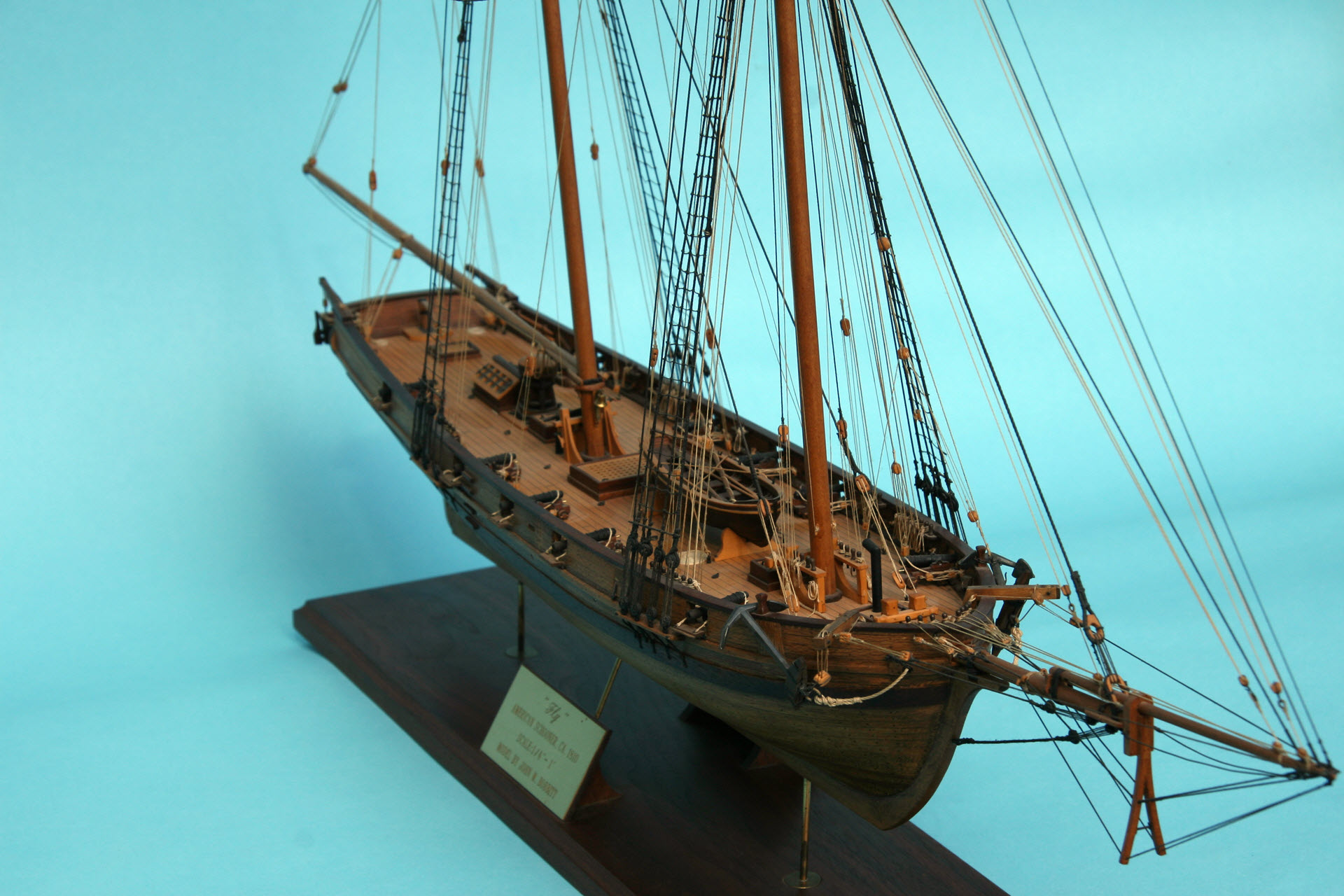 Model of schooner Fly - deck view from starboard bow