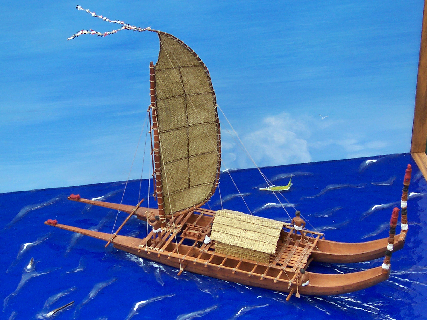 Model of a Tahitian Tipairua - High-angle view, port side