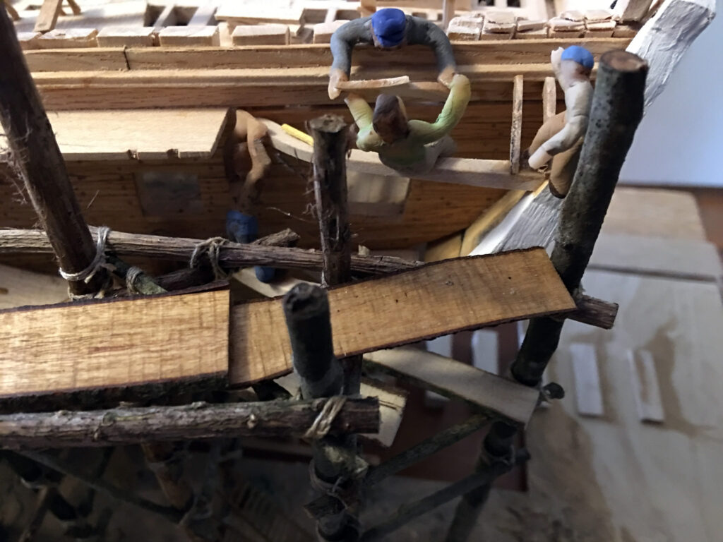 Diorama model of USS Constitution under construction - construction of quarter galleries