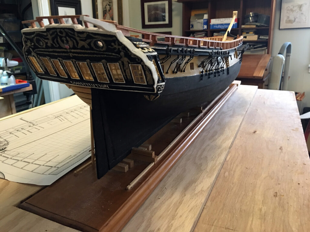 Diorama model of USS Constitution under construction - view of starboard quarter