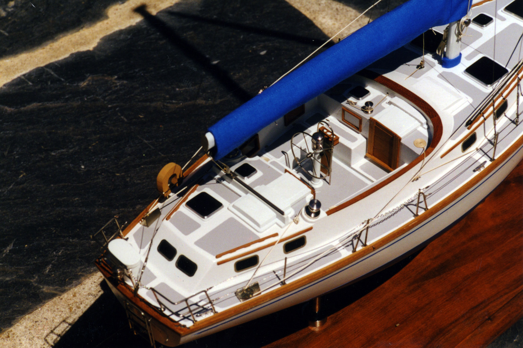 Model of sailboat 'Rachel Carson' - view of cockpit from above, starboard quarter