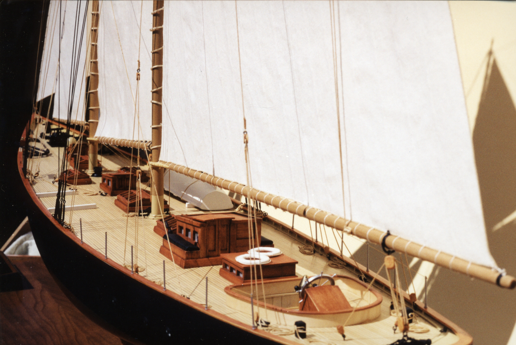 Model of pilot schooner Virginia - low angle view from port stern