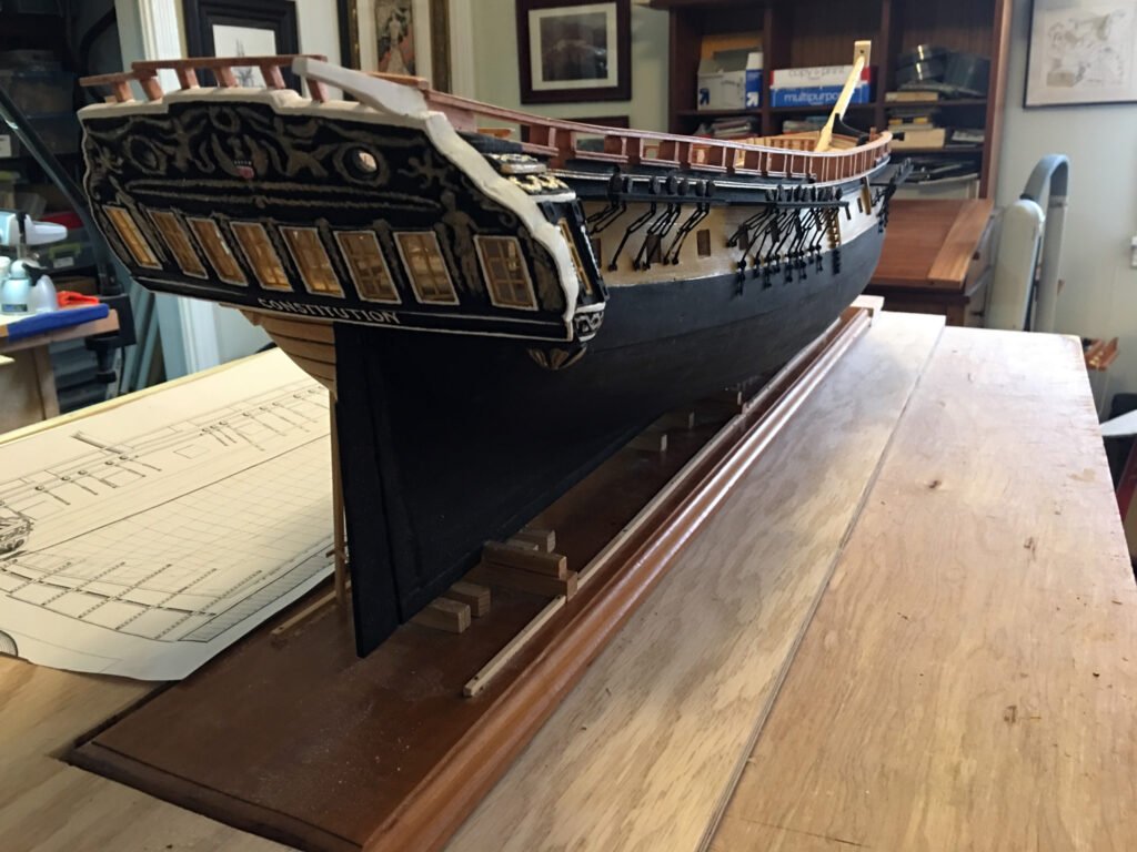 Diorama model of USS Constitution under construction - view of starboard quarter
